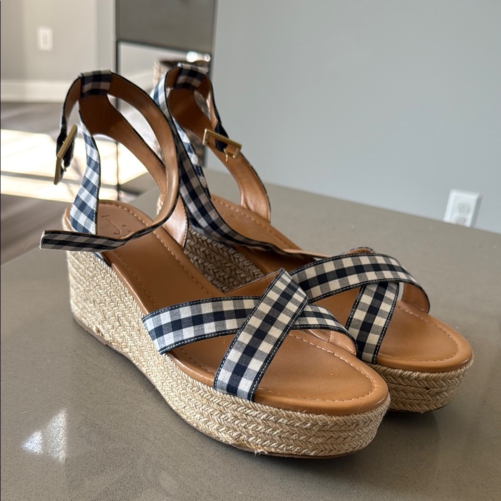 J. Crew Navy and White Gingham Wedges